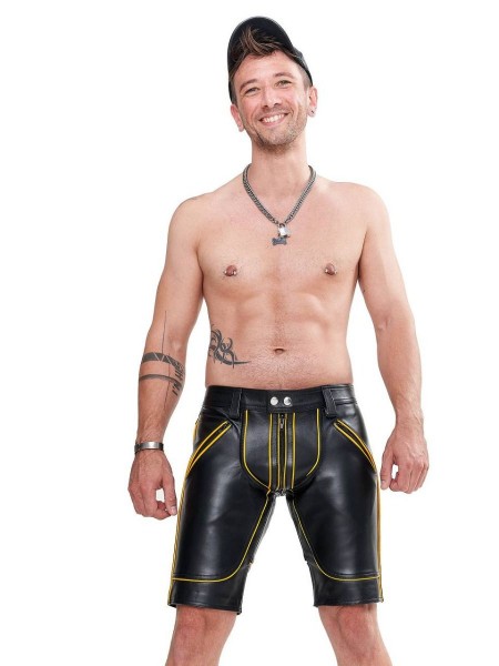 Mister B Leather FXXXer Shorts - Black - Yellow Piping