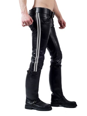Mister B Leather Ranger Jeans Black w/ 2 Grey Stripes