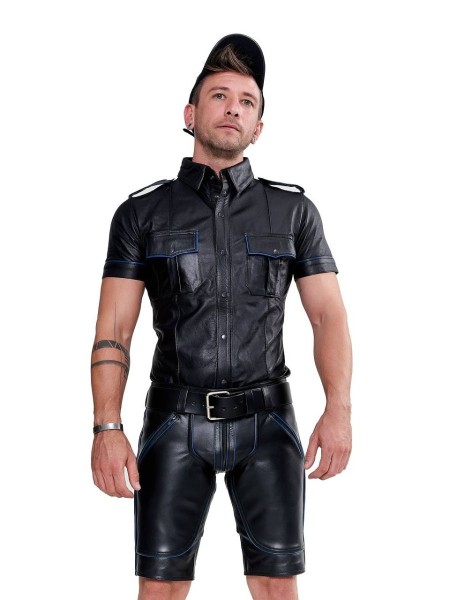 Mister B Leather Police Shirt Short Sleeves Blue Piping